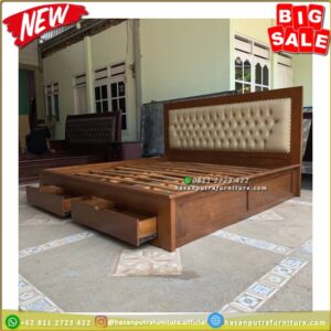 Tempat Tidur Jati Laci 2 Dipan Jati 160x200 Sandaran Busa - Gambar 3