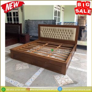 Tempat Tidur Jati Laci 2 Dipan Jati 160x200 Sandaran Busa - Gambar 2