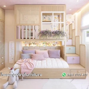 Bunkbed anak kayu jati kombinasi rotan alami tempat tidur tingkat kekinian Indonesia Furniture
