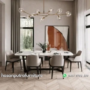 Set meja makan modern terbaru top marmer kursi makan jok elegan Indonesia Furniture