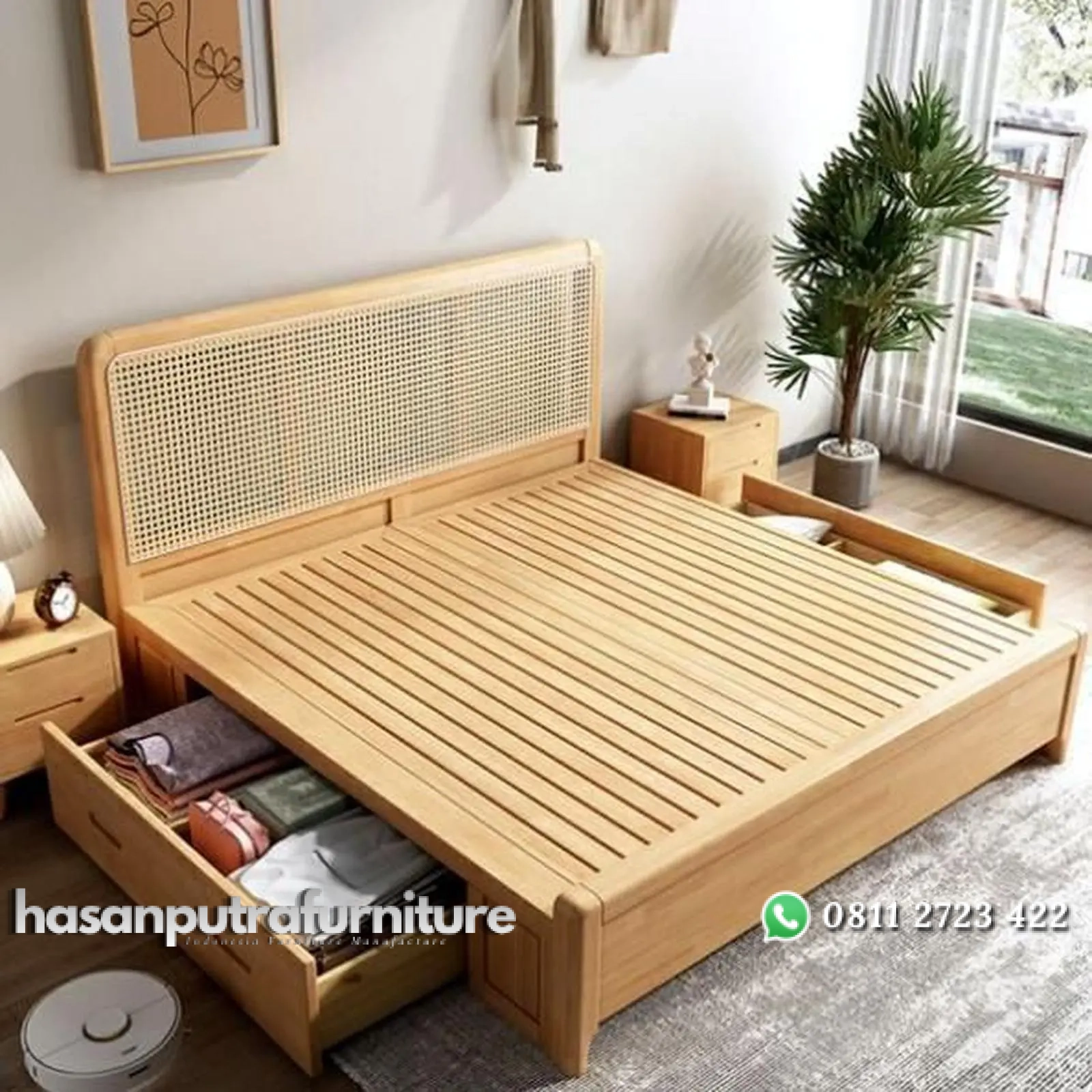 Tempat tidur minimalis laci kombinasi rotan alami dipan kayu jati Indonesia Furniture 1 Tempat tidur minimalis laci kombinasi rotan alami dipan kayu jati Indonesia Furniture