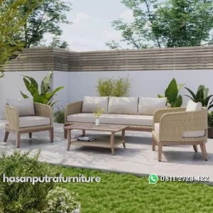 Sofa rotan outdoor kayu jati kombinasi rotan sintetis dengan bantalan Indonesia Furniture