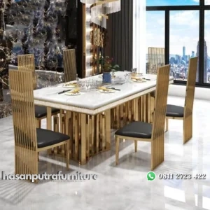 meja makan / dining table jari jari stainless gold mirror premium top marmer asli set meja dan 6 kursi Indonesia Furniture