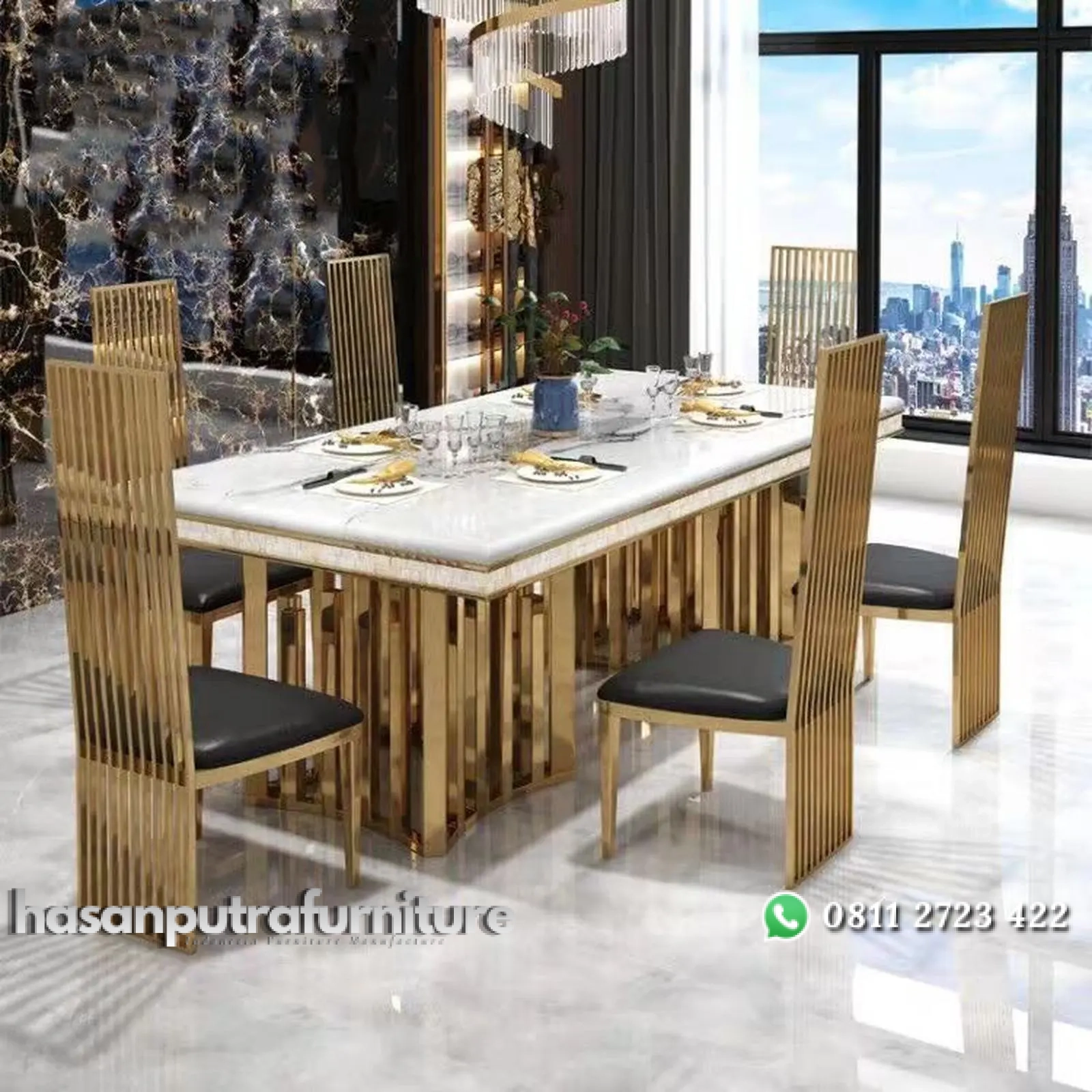 meja makan / dining table jari jari stainless gold mirror premium top marmer asli set meja dan 6 kursi Indonesia Furniture 1 meja makan / dining table jari jari stainless gold mirror premium top marmer asli set meja dan 6 kursi Indonesia Furniture