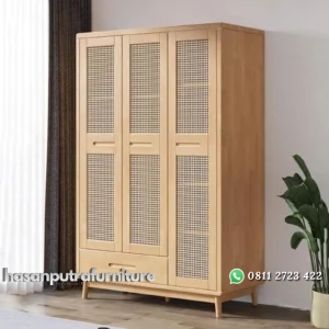 Almari pintu rotan kayu jati lemari baju warna natural Indonesia Furniture