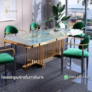 meja makan / dinning table stainless luxury top marble green onyx Indonesia Furniture