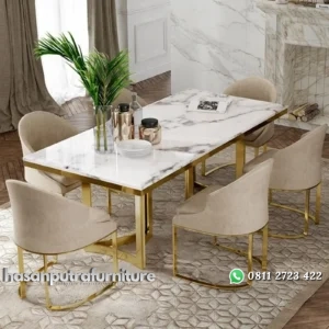 Set meja makan stainless gold top marmer kursi makan stainless modern Indonesia Furniture