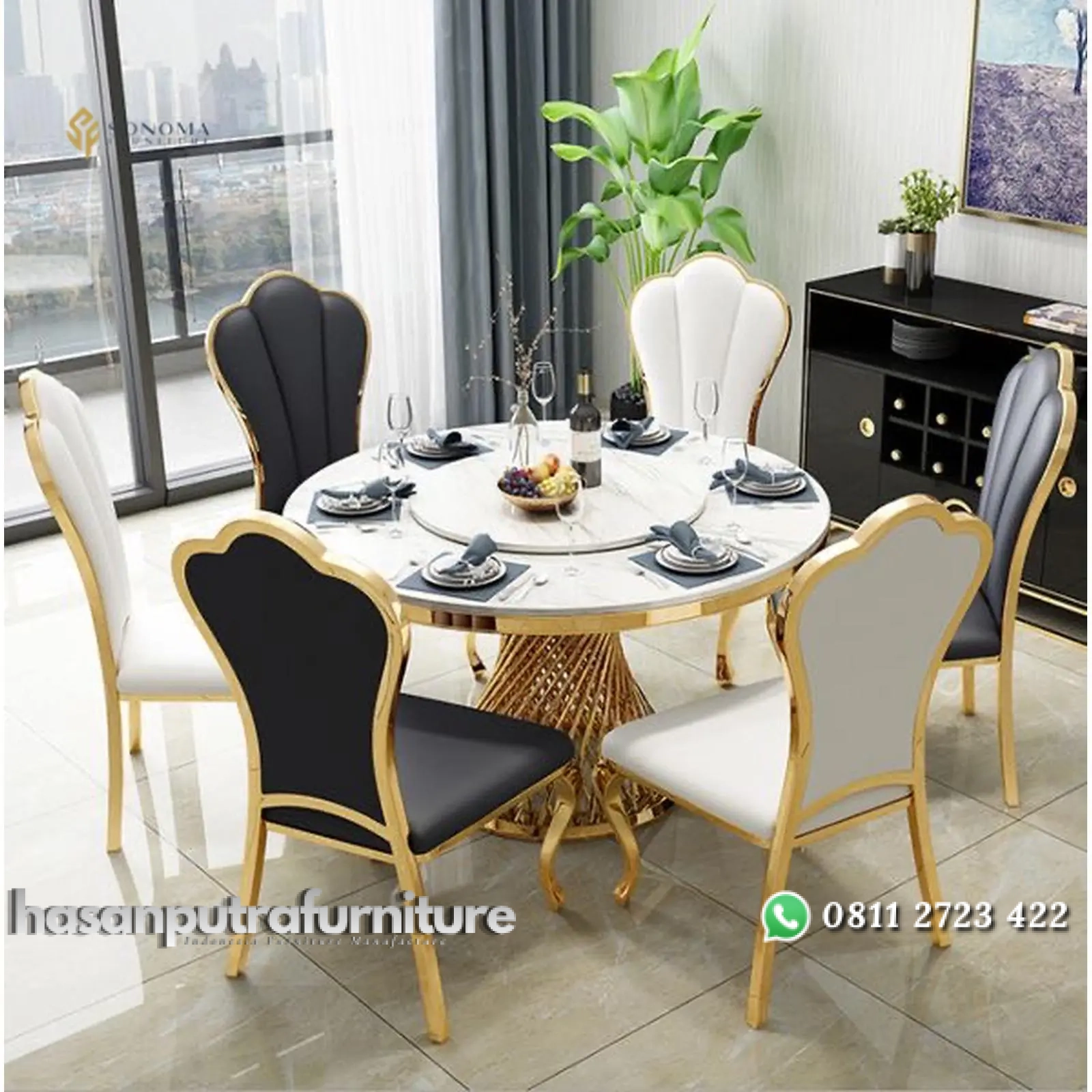 meja makan / dinning table round stainless luxury top marble premium Indonesia Furniture 1 meja makan / dinning table round stainless luxury top marble premium Indonesia Furniture