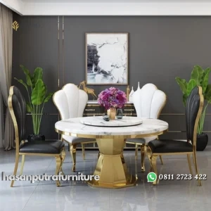 meja makan / dinning table rose stainless gold luxury top marble Indonesia Furniture
