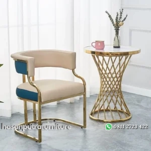 meja teras premium modern luxury stainless gold mirror top marmer set meja dan 1 kursi Indonesia Furniture