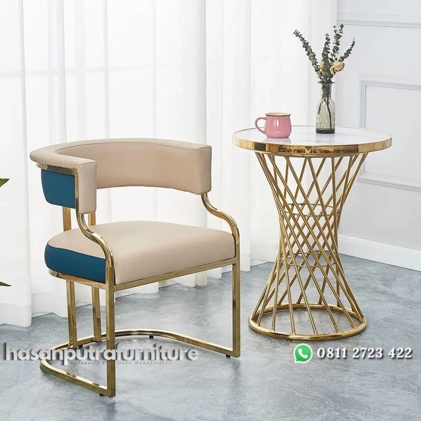 meja teras premium modern luxury stainless gold mirror top marmer set meja dan 1 kursi Indonesia Furniture 1 meja teras premium modern luxury stainless gold mirror top marmer set meja dan 1 kursi Indonesia Furniture