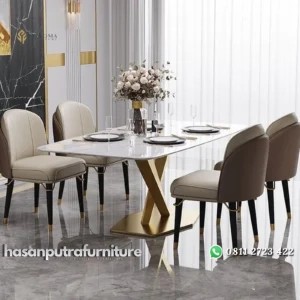 meja makan / dining table premium stainless gold doff modern top marmer asli set meja dan 4 kursi Indonesia Furniture