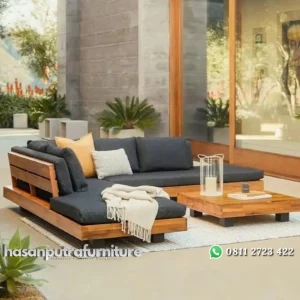Set sofa sudut outdoor terbaru kayu jati sofa dengan bantalan tebal Indonesia Furniture