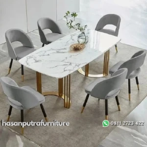 Set meja makan top marmer terbaik kaki meja stainless gold kursi makan Indonesia Furniture