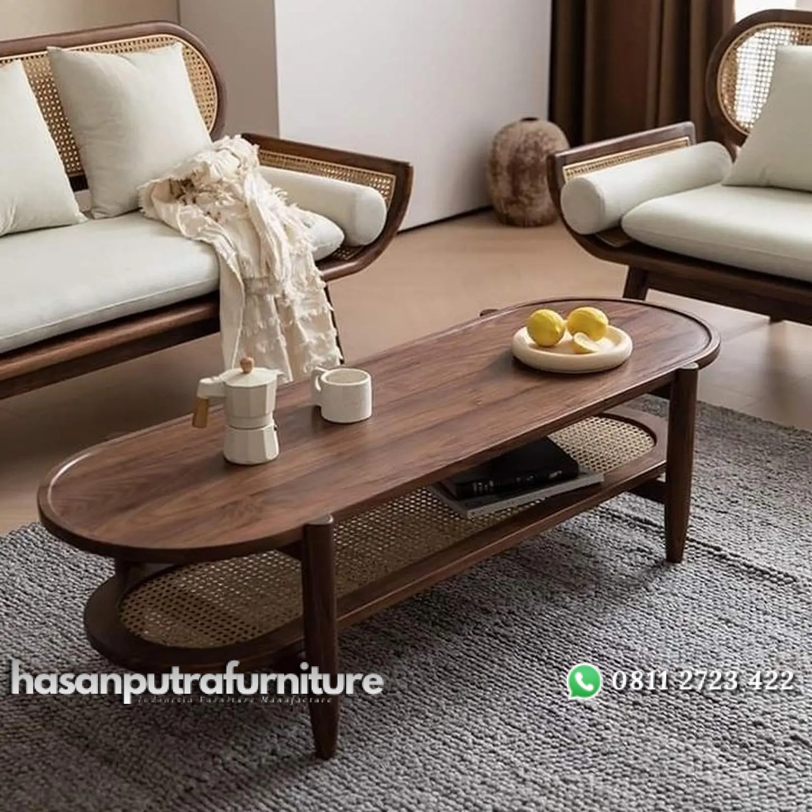 Meja tamu oval kayu jati ambalan kombinasi rotan alami Indonesia Furniture 1 Meja tamu oval kayu jati ambalan kombinasi rotan alami Indonesia Furniture