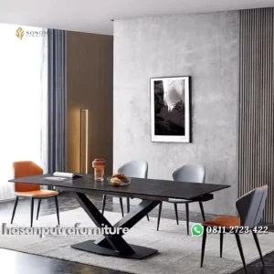 meja makan / dinning table besi powder coating top marble premium Indonesia Furniture