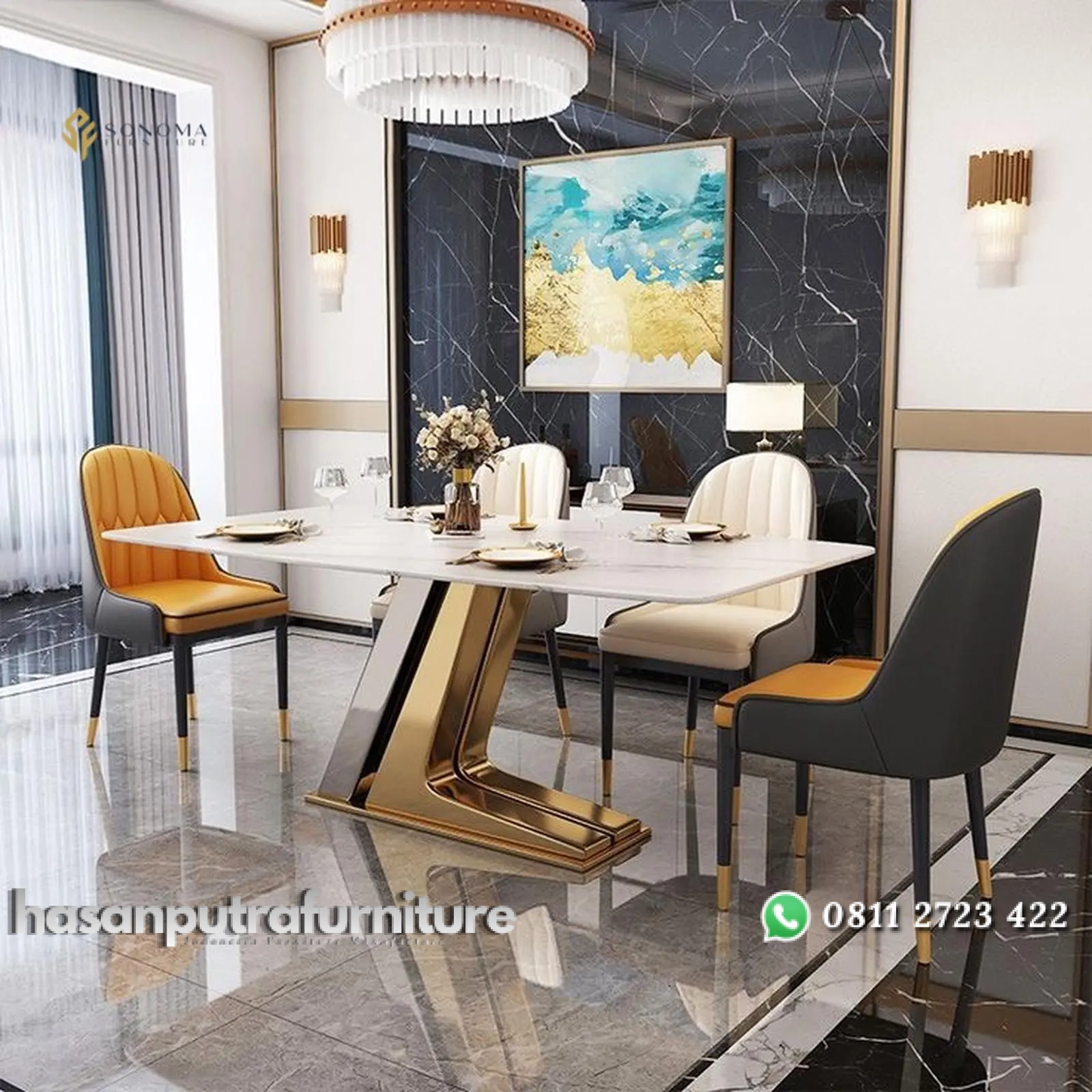 meja makan / dinning table modern luxury stainless mix top marble Indonesia Furniture 1 meja makan / dinning table modern luxury stainless mix top marble Indonesia Furniture