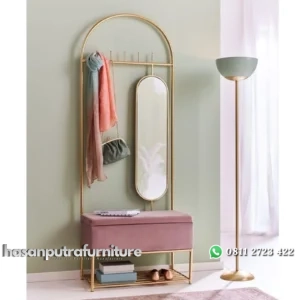 Gantungan baju besi finishing gold dengan cermin bench modern besi Indonesia Furniture