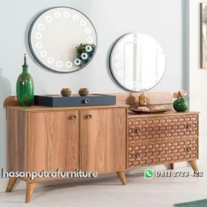 Bufet konsol dengan cermin bundar meja konsol modern Indonesia Furniture