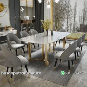 meja makan stainless gold top marmer asli dan kursi 8 ( harga DP 1 ) Indonesia Furniture