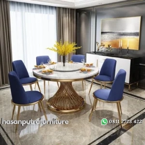 meja makan / dining table spiral stainless gold mirror top marmer premium set meja dan 6 kursi Indonesia Furniture