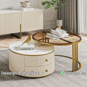 Coffe table modern salur kaki besi meja tamu top kaca kombinasi marmer Indonesia Furniture