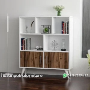 Rak buku retro putih kombinasi natural rak buku terlaris Indonesia Furniture