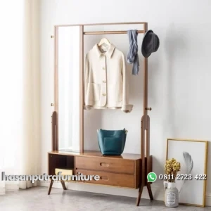 Rak gantungan baju dengan cermin rak penyimpanan kayu jati Indonesia Furniture