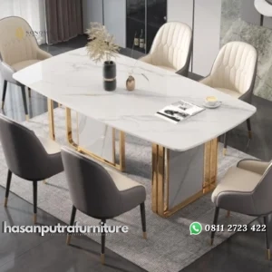 meja makan / dining table modern premium stainless gold mirror mix marmer asli set meja dan 6 kursi Indonesia Furniture