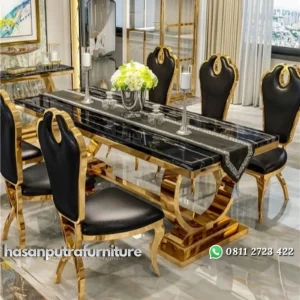 meja makan / dinning table double ring stainless gold top marble Indonesia Furniture