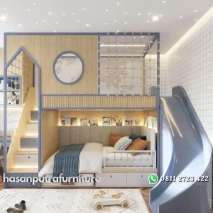 Bunkbed anak tingkat dengan prosotan besar dipan anak mewah terbaru Indonesia Furniture