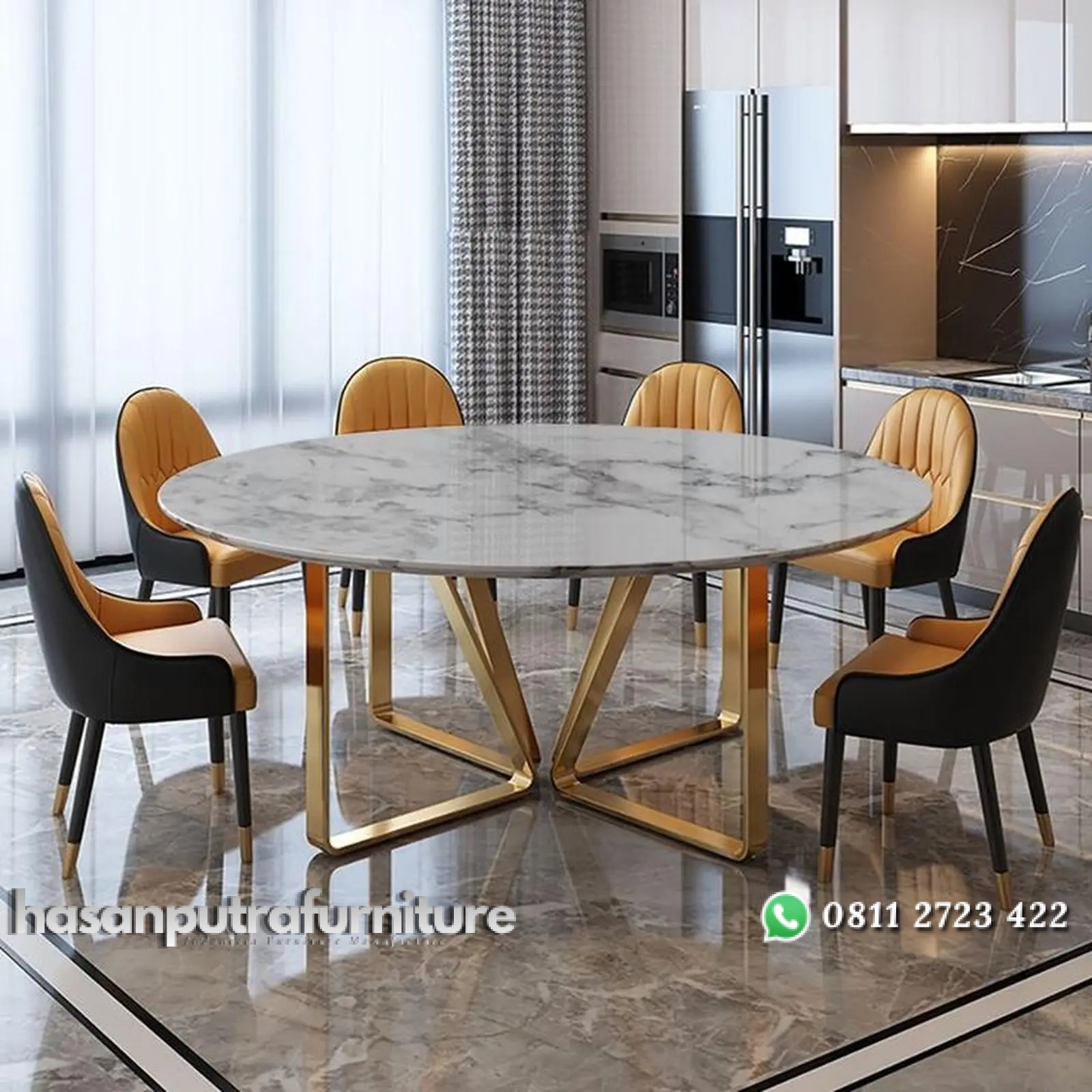 Set meja makan bundar stainless gold top marmer meja makan terbaik Indonesia Furniture 1 Set meja makan bundar stainless gold top marmer meja makan terbaik Indonesia Furniture