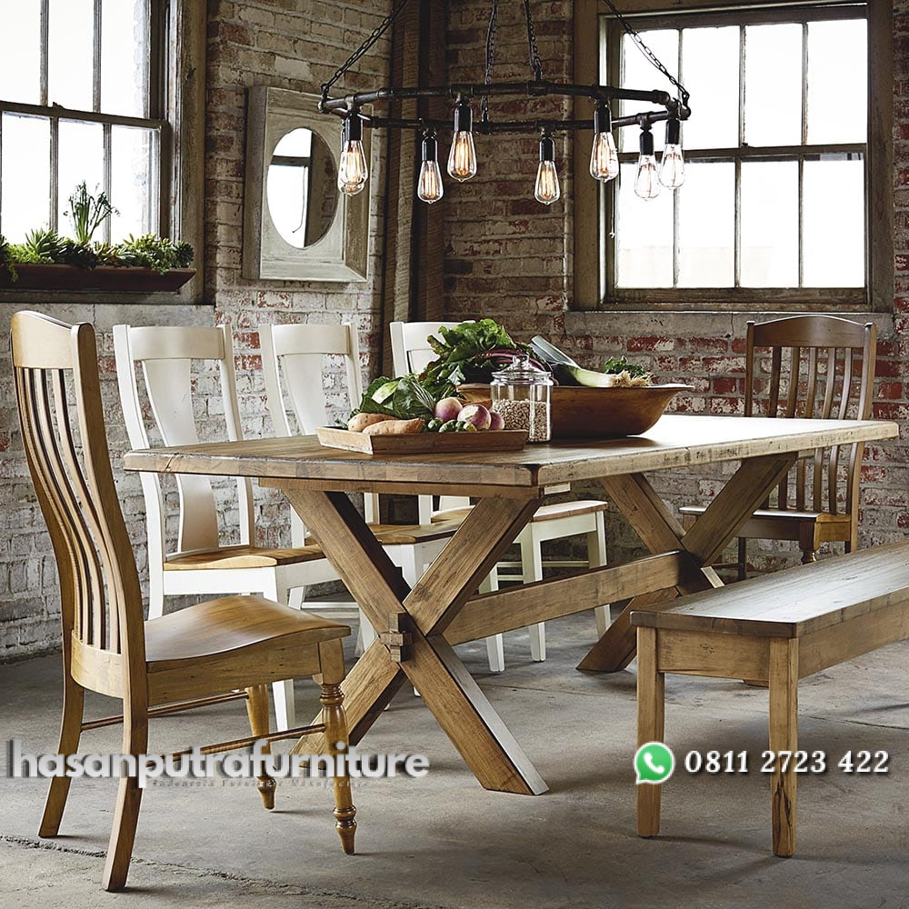 Set Meja Makan Kayu Kaki Silang Hasan Putra Furniture Jepara - Indonesia Furniture 1 Set Meja Makan Kayu Kaki Silang Hasan Putra Furniture Jepara - Indonesia Furniture